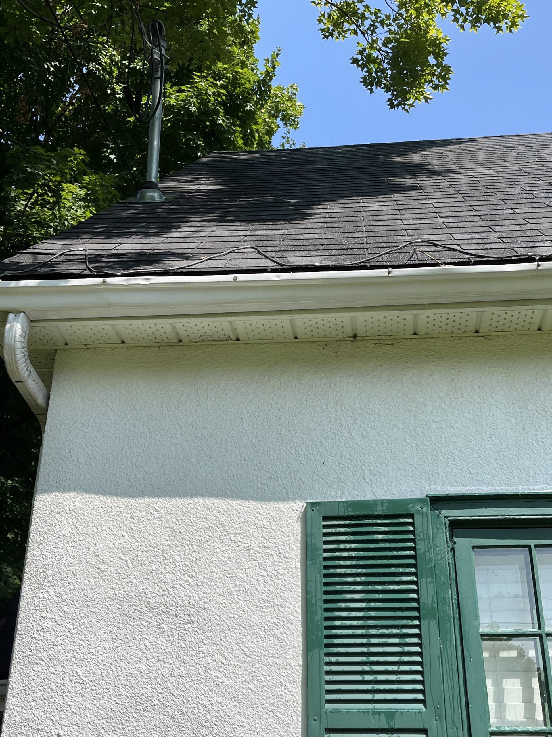 White building exterior with green shutters, clean gutters, and a black shingled roof